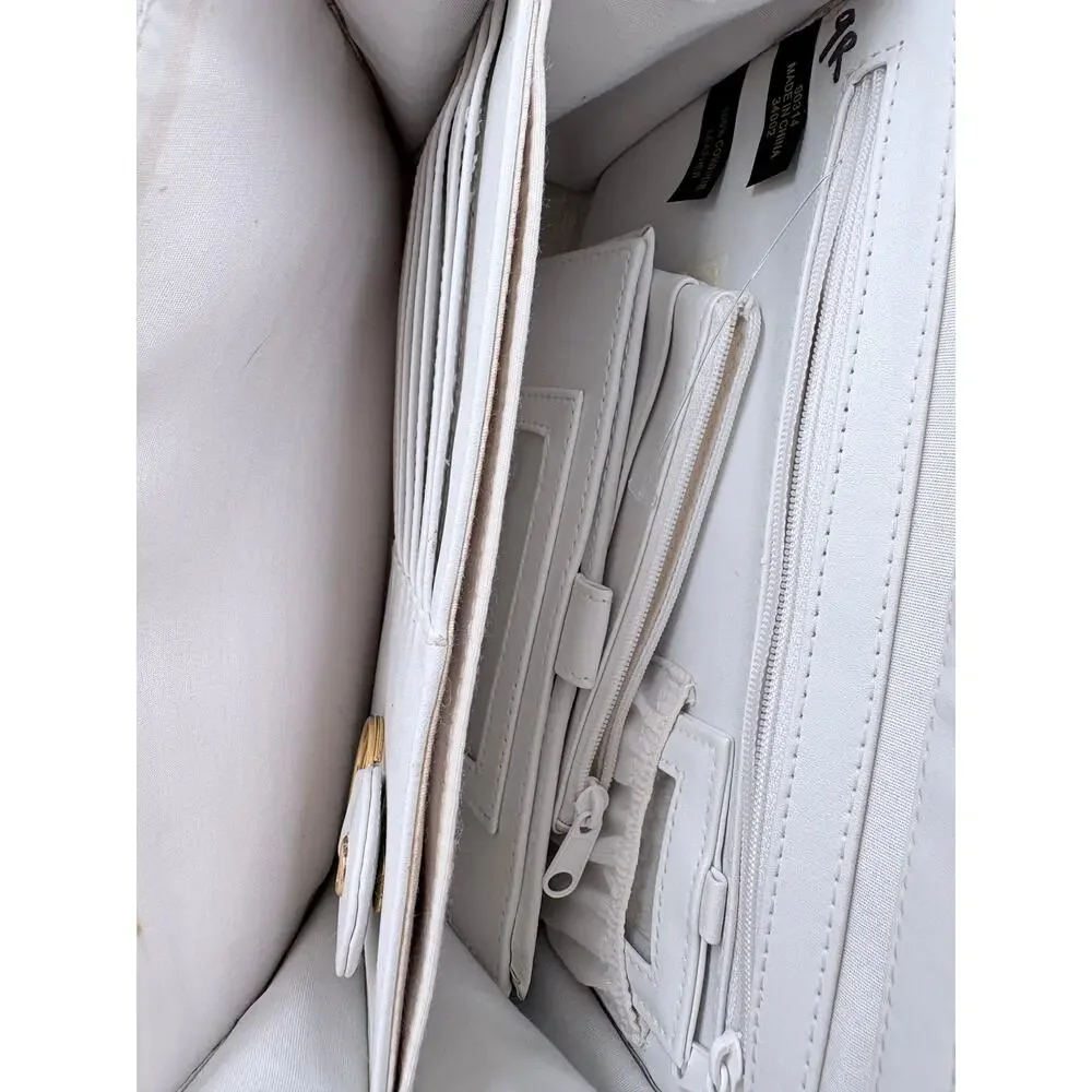 Ettienne white crossbody with wallet, makeup purse, detachable key ring and more